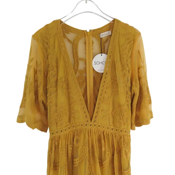 Anthropologie Sohcue Mustard Yellow Sheer Lace V-Neck Maxi Dress Small NWT - Image 5
