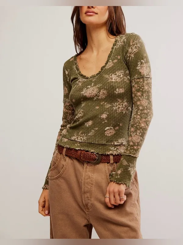NWOT Free People We The Free Clover Printed Thermal - Army combo - Small - Image 4