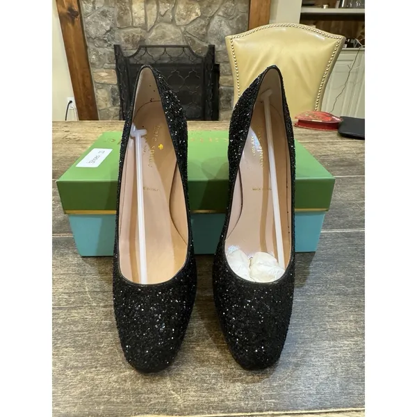 Kate‎ Spade Dolores Black Glitter Shoes Pumps Block Heel Size 7.5 Made in Italy - Image 2