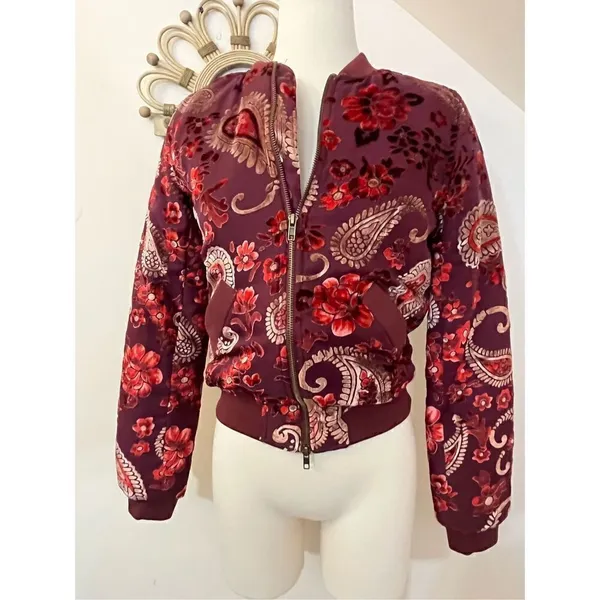 KAS New York Burgundy Velvet Paisley Ashlyn Burnout Bomber Jacket Size XS - Image 4