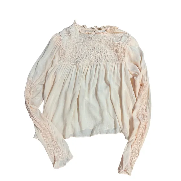 Free People Smocked in Time‎ Romantic Billowy Peach Pink Ethereal Top Sz Small - Image 6