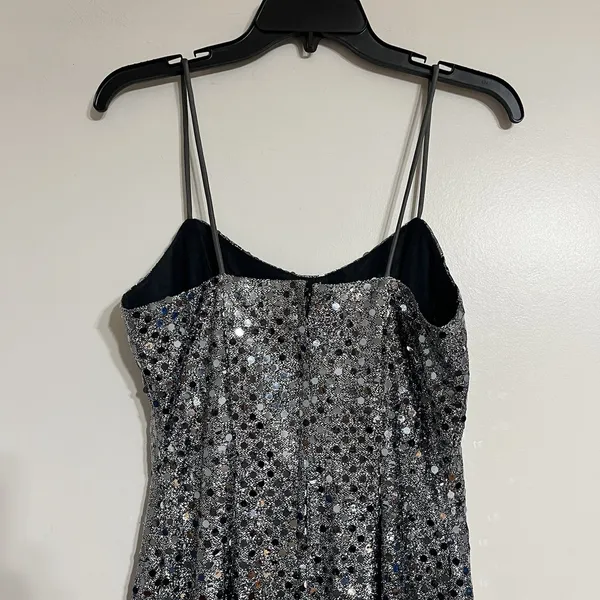 Vintage 90s‎ Silver Sequin Maxi Dress Spaghetti Strap Side Slit Gown Size 10 USA - Image 7