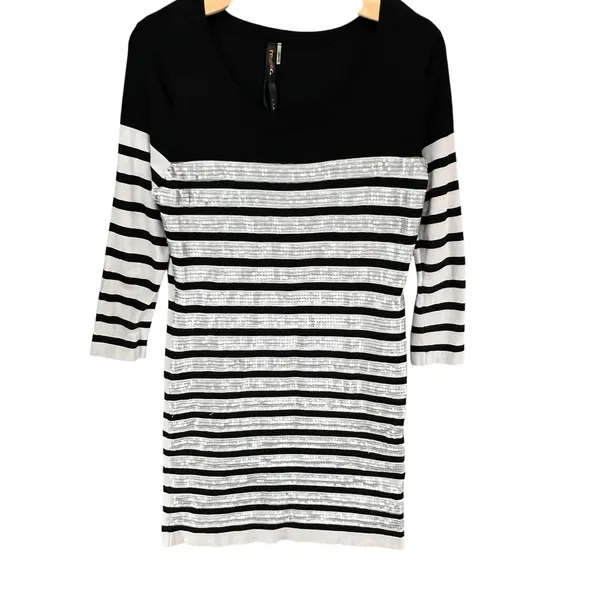 Renee C Sequin Sweater Dress Womens M‎ White Black Stripe Silver Party Holiday - Image 2