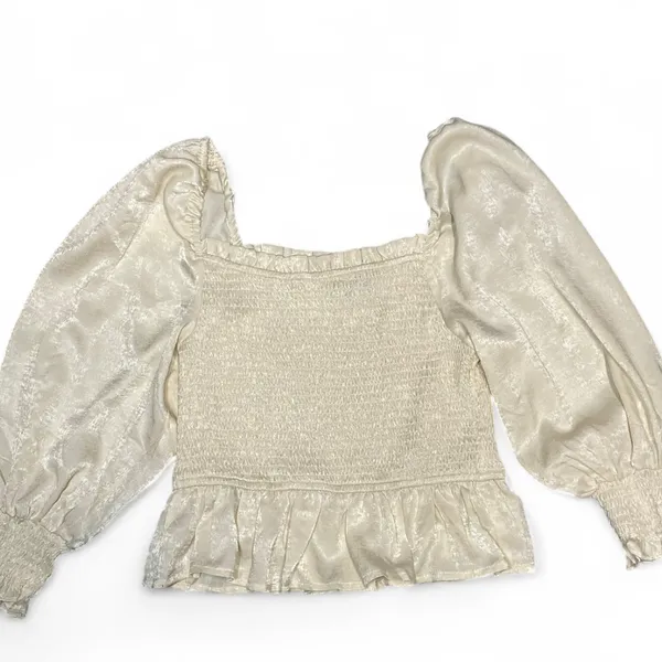 On‎ Blue Womens Ivory Smocked Square Neck long sleeve peplum Poet blouse Medium - Image 5