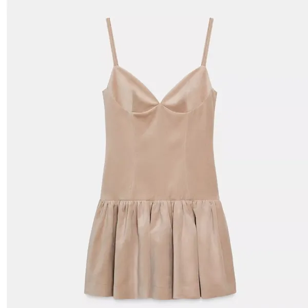 Zara NWT velvet spaghetti strap voluminous ruffle hem light pale pink mini dress - Image 3