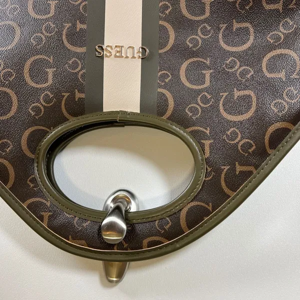 Guess Monogram Cutout Handle‎ Tote Bag Brown Olive Green Logo Print Lunch Bag - Image 2