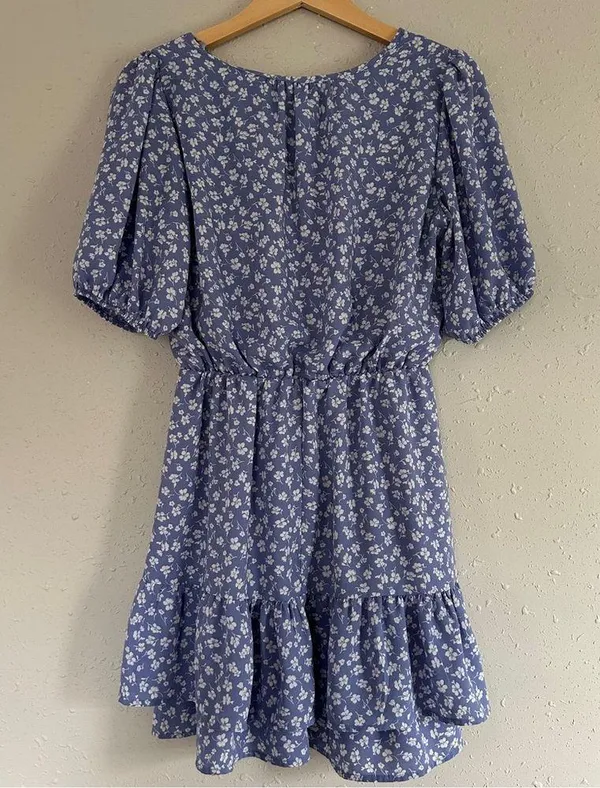 🦋 Sienna Sky Blue White Floral Puff Sleeve Mini Dress Casual Cottagecore Small - Image 3