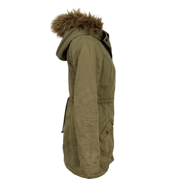 Hollister Women's Olive Green Faux Fur‎ Hood Cotton Parka Jacket Size S Y2K - Image 3