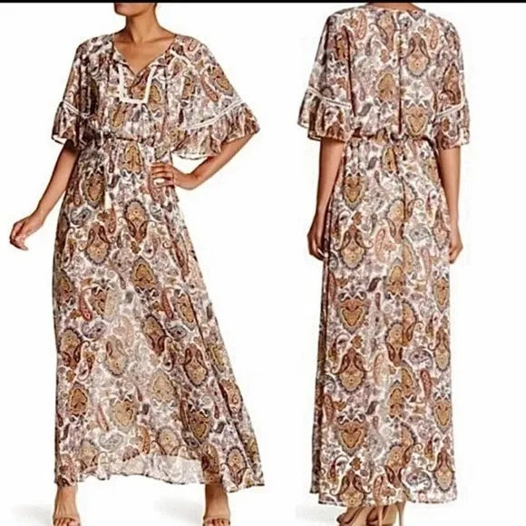 DR2 Womens Dress Sz S Paisley Maxi Dress Cottage Core Prairie Mustard Blue White - Image 2