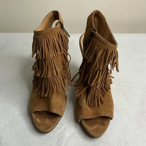 Vince Camuto Womens 9.5M Tan Suede Fringe Open Toe Wedge Ankle Booties - Image 2
