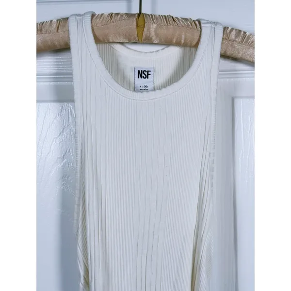 NSF Womens Ribbed Ruched Tank Top High Neck Cotton Modal M White 90s Minimalist - Image 6