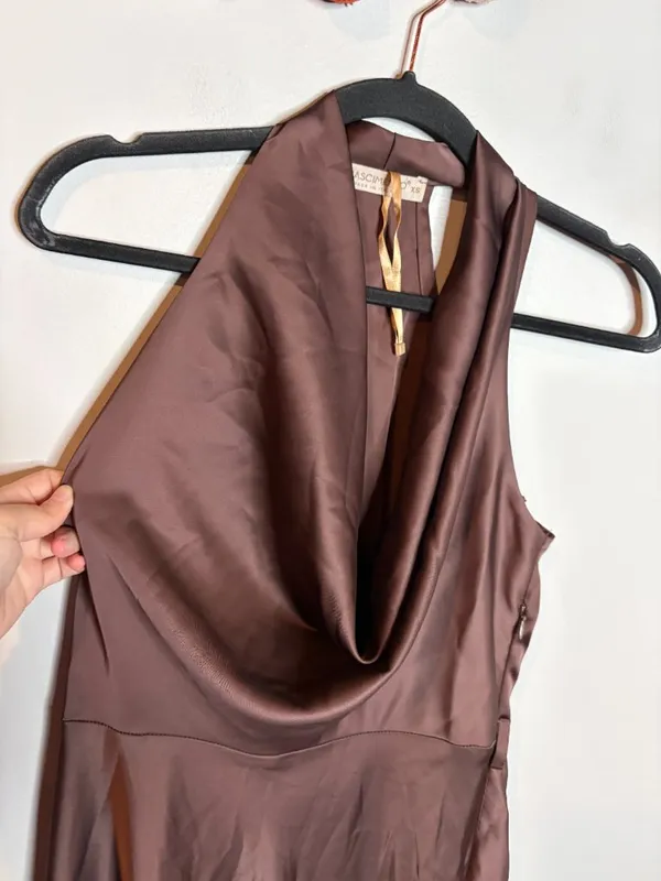 Rinascimento chocolate brown silky draped cowl neck cocktail dress - Image 3