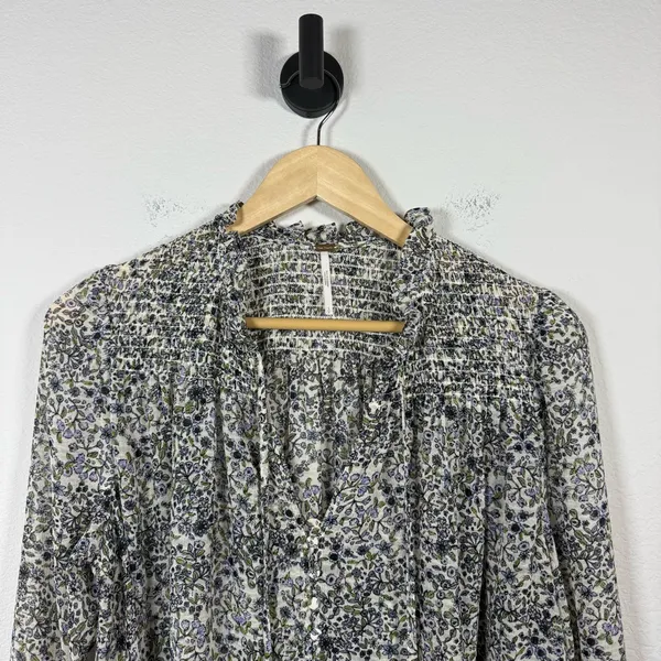 Free People Women’s Lela Floral Ruffle Sheer Blouse Ivory Combo Size S - Image 5