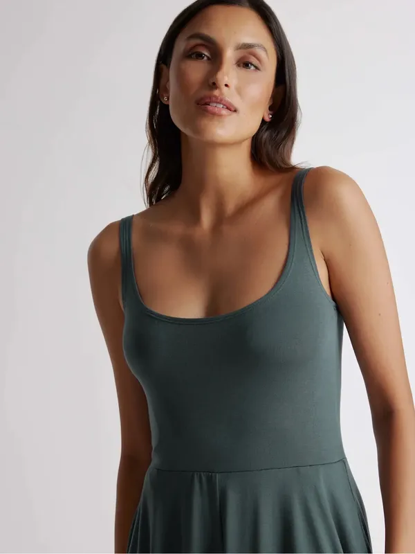 Quince Tencel Jersey Fit & Flare Dress Dark Olive Green - Image 3