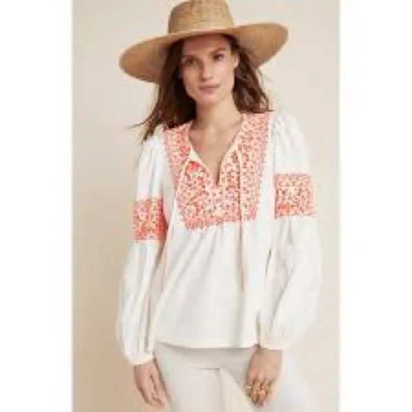Anthropologie Maeve Louisa Cream Bohemian Long Sleeve Top with Coral Embroidery - Image 2