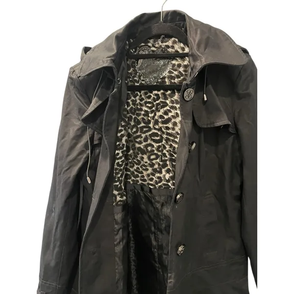 Vintage Y2K Guess Leopard Print Nylon Belted Hooded Trench Coat Size Large Black - Image 6