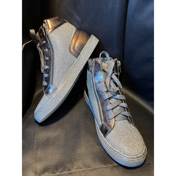 Silver Glitter High Top Sneakers Metallic Patent Trim Double Zip Fashion Shoes‎ - Image 4