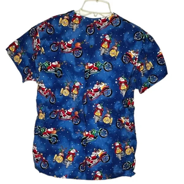 Peaches Uniforms Christmas Santa Motorcycle Scrub Shirt‎ - Image 5