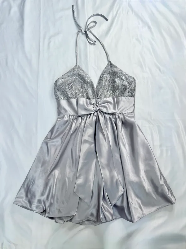 Fiesta Fashion Sparkly Glitter Silver Metallic Deep V Halter Mini Homecoming Dress - S - Image 11