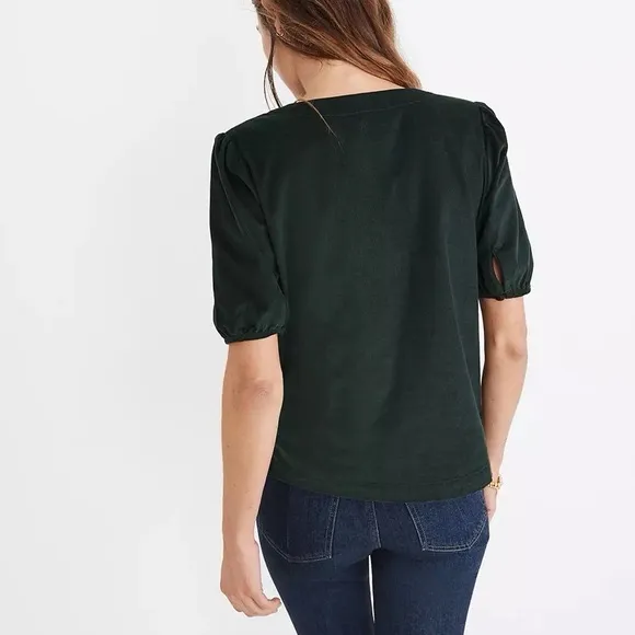 Madewell Corduroy Puff Sleeve V-Neck Button Front Top Womens Size XS Dark Green - Image 2