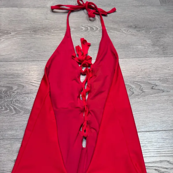 Aerie Womens Red Lace Up‎ Plunging Halter One Piece Swimsuit Size Medium M - Image 6
