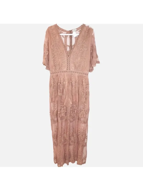 POL “Dress Me In Lace” Cotton Maxi Lace Romper Caramel Festival Coastal Boho M/L - Image 3
