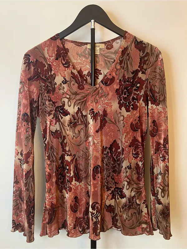 Y2K Plissé Sheer Floral Long‎ Sleeve Top Boho Fairy Grunge S - Image 2