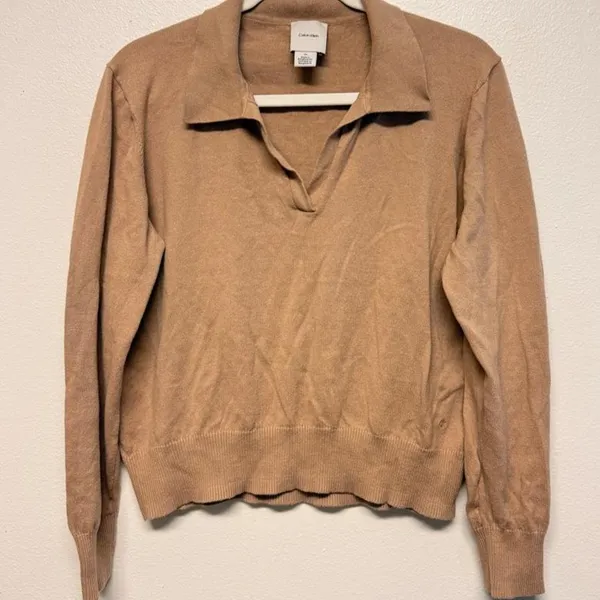 Calvin Klein Womens Camel Tan 100% Cotton Long Sleeve Polo Sweater Large - Image 2