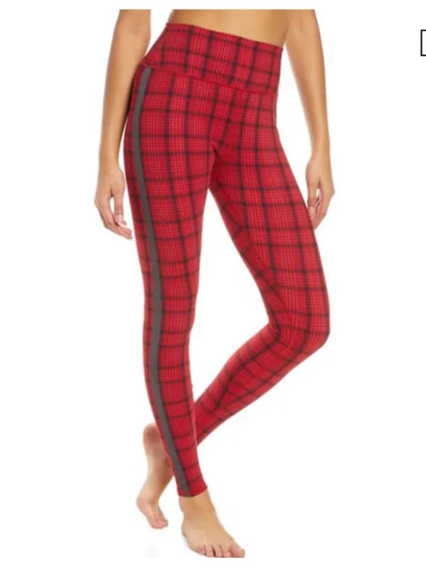 ALO‎ Yoga High Rise Occassion Leggings Red Plaid Reflective Stripe Size XS - Image 2