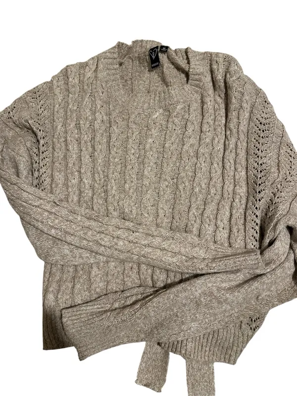 Windsor Cable Knit Sweater Open Back Tie Cropped Taupe Neutral Fall Top Medium - Image 5