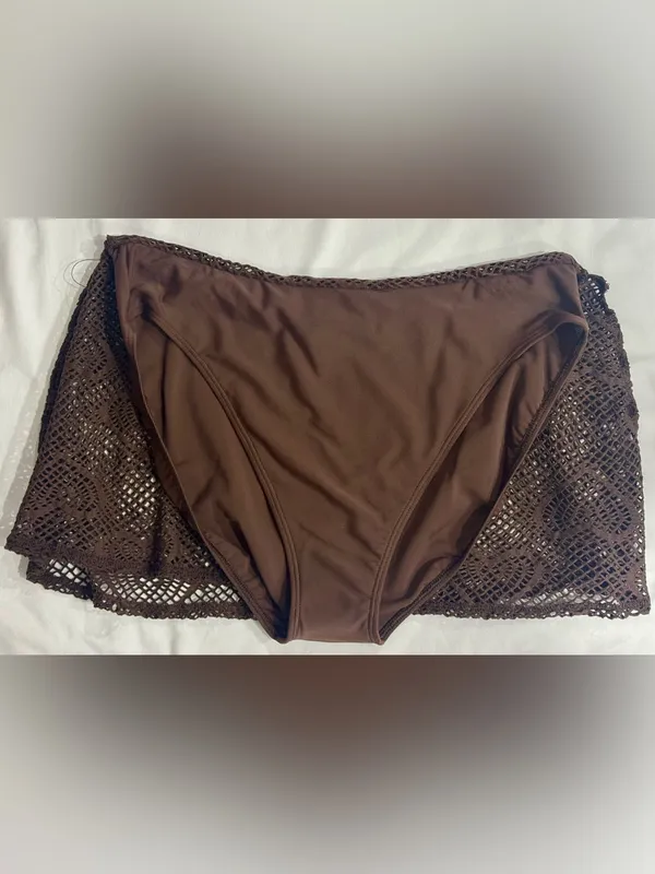 Boho Crochet 3pc Bikini Set Sarong Cover Up Brown NWT Size 14 Pilpel - Image 7