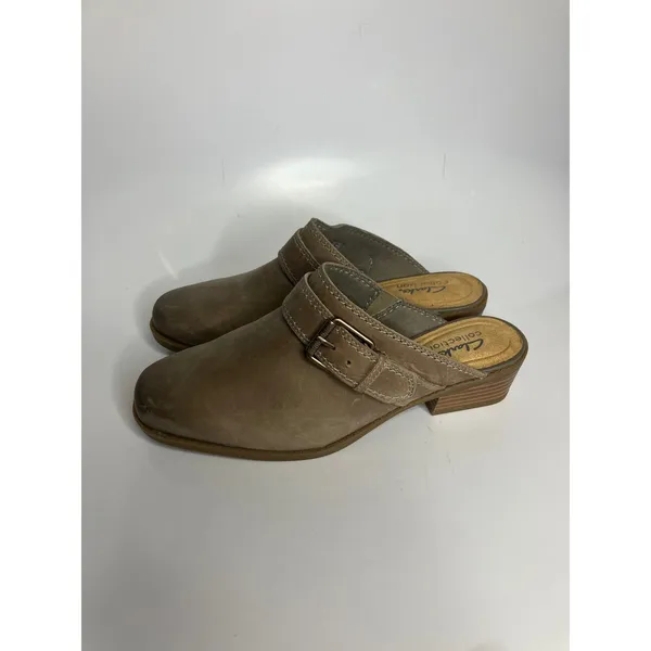 Clarks Collection Mules Womens 8.5W Taupe Excellent Leather Buckle‎ Block Heel - Image 4