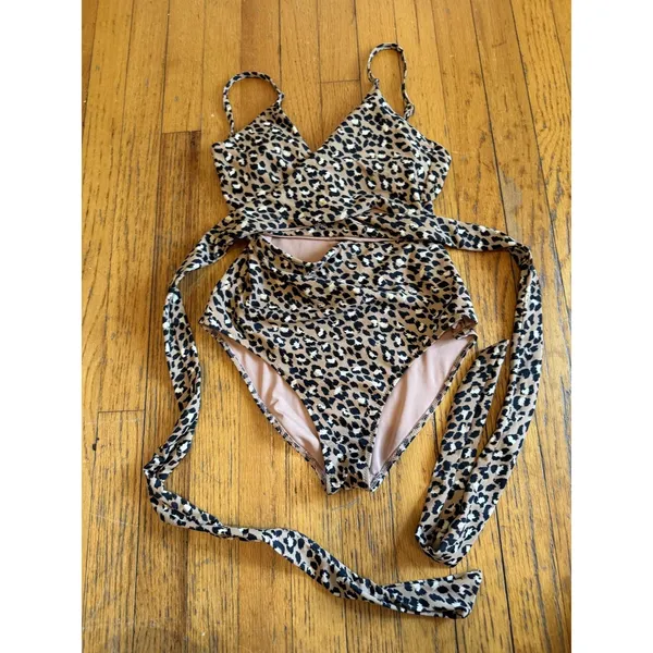 Aerie Swimsuit Womens Small Brown Leopard One Piece Belted Wrap Tie Waist Lined - Image 5