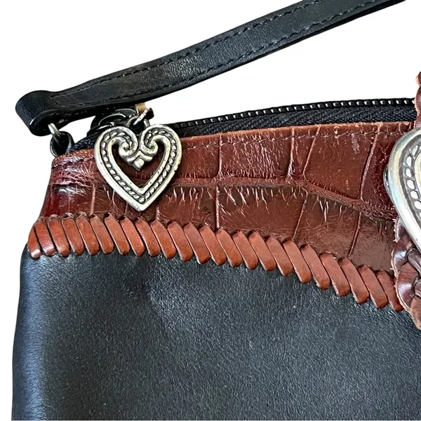 Brighton Vintage Crossbody Bag Black Leather Brown Croc Embossed Heart Accent - Image 3