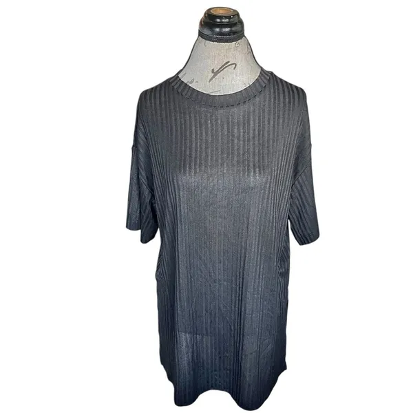 H&M Womens Blouse Sz Medium Black Short Sleeve Gothic Grunge Witchy Vampy Ribbed - Image 2
