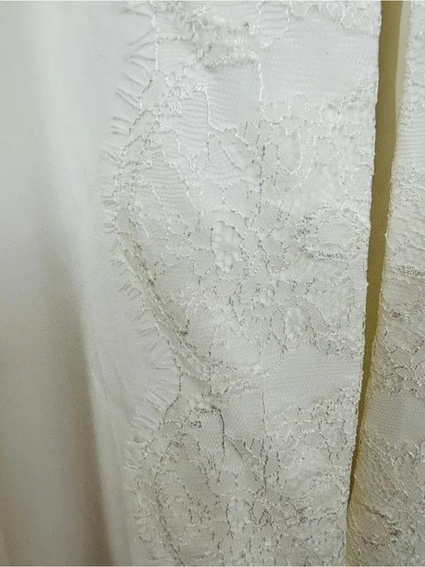 Fame and Partners white lace trim spaghetti strap slip cut gown front slit 8 - Image 4