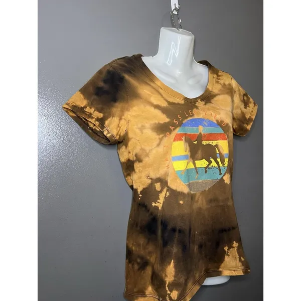 Equestrian Bleach Tie Dye Horse Graphic Tee Top Shirt Womens Small Brown - Image 3