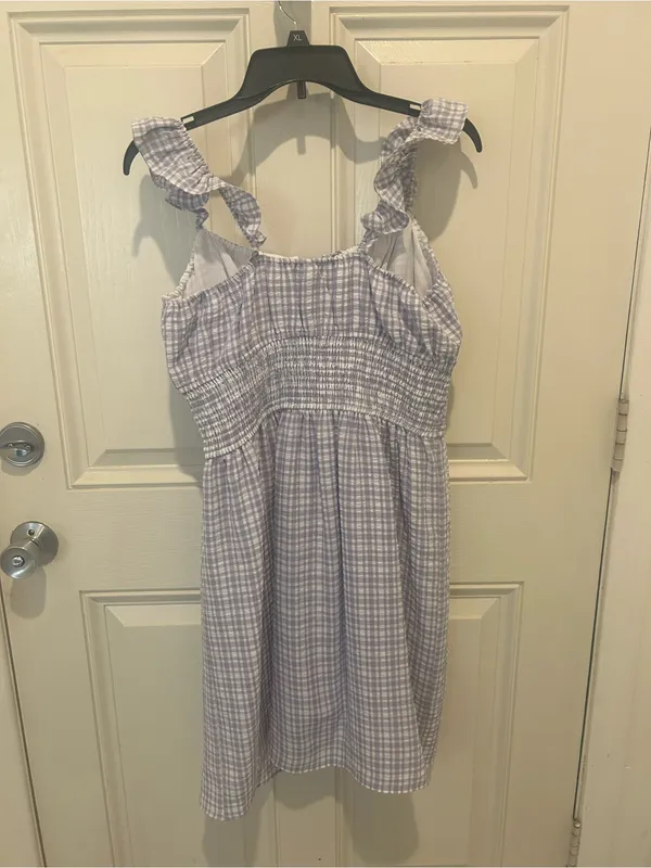 Wayf Blue and White Gingham Smocked Mini Dress with Ruffle Straps - Image 3