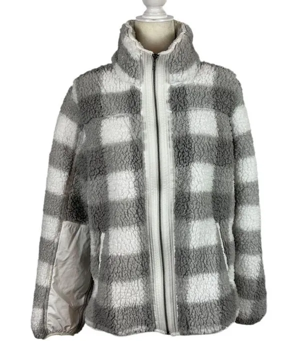 Abercrombie Sherpa Check Fleece Plaid Full Zip Jacket Coat Gray and White Size Medium - Image 2