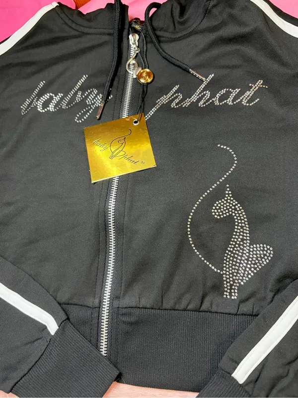NWT Baby Phat Black Rhinestone Logo Cropped Jacket with White Stripes Size XS - Image 3