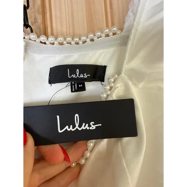 NWT Lulus Adorable Poise White Pearl Puff Sleeve Mini Dress Engagement Wedding M - Image 6