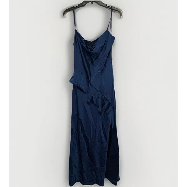 Aqua Formal Women’s Ruffle Maxi Dress Blue Satin Size 8 Bias Cut Homecoming HoCo - Image 5
