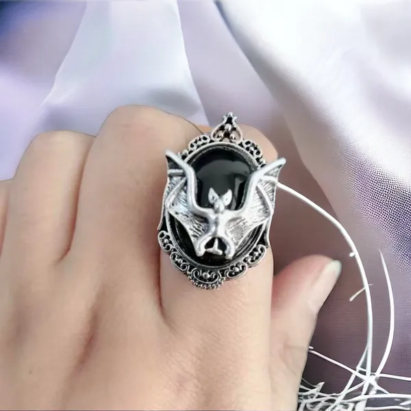 Bat Black Faux Gemstone Open Finger Adjustable Ring‎ Silver Plated Faux Fashion - Image 9