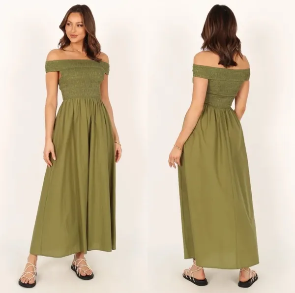 Petal & Pup Tessa Off Shoulder Midi Dress in Green - Image 2
