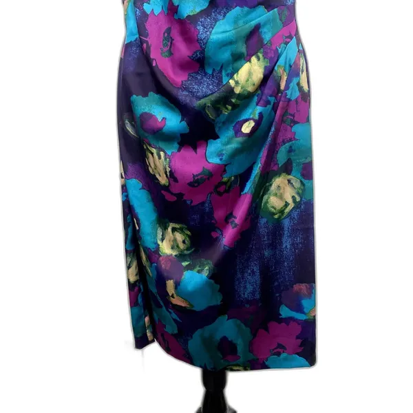 Lauren Ralph Lauren Satin Drape Front Ruched Dress‎ Floral Purple Teal Size 14 - Image 3