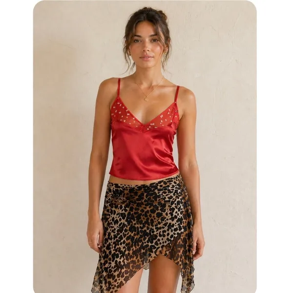 Y2K Red Heart Print Satin Camisole Crop Top Size Large Slip Tank - Image 2