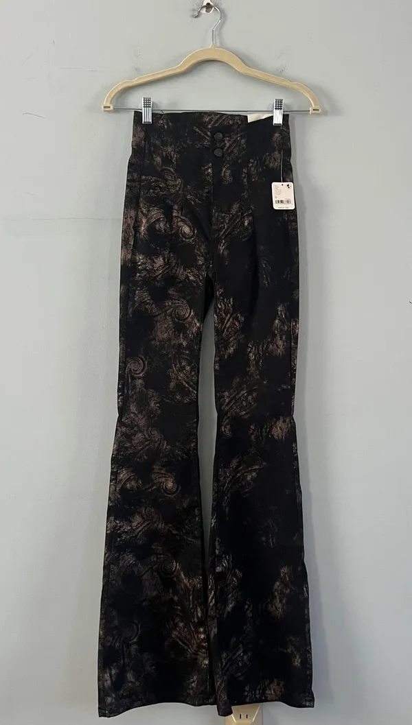 Free People NWT Jayde Black Tie Printed Metallic Black Flare Jeans - Image 5