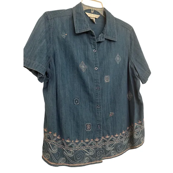 Vintage Embroidered Denim Napa Valley Blues Womens L 100%‎ Cotton Boho Shirt - Image 2