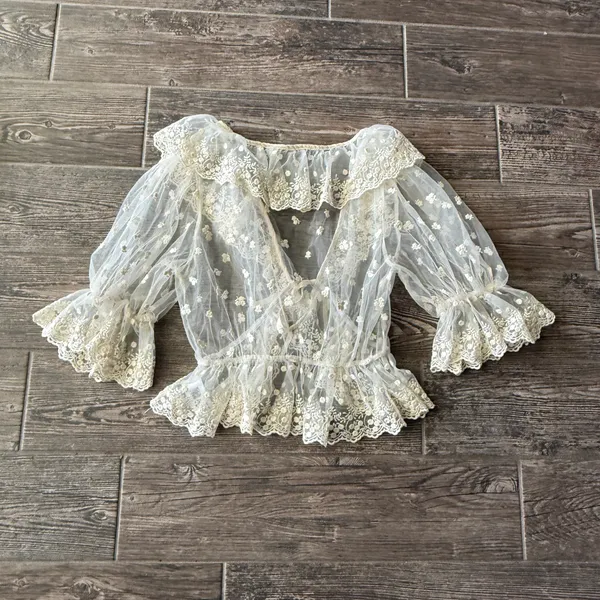 Cider Sheer Mesh V-neck Floral Embroidered Ruffle Blouse with Bell Sleeves - Image 7