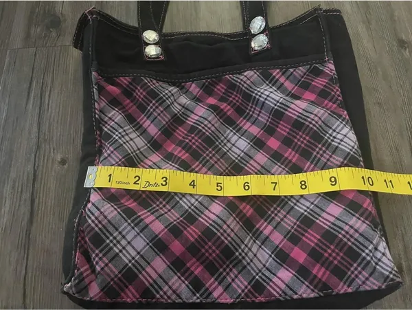Vintage Pink Plaid Canvas Tote Bag Small Rhinstone Y2K - Image 2
